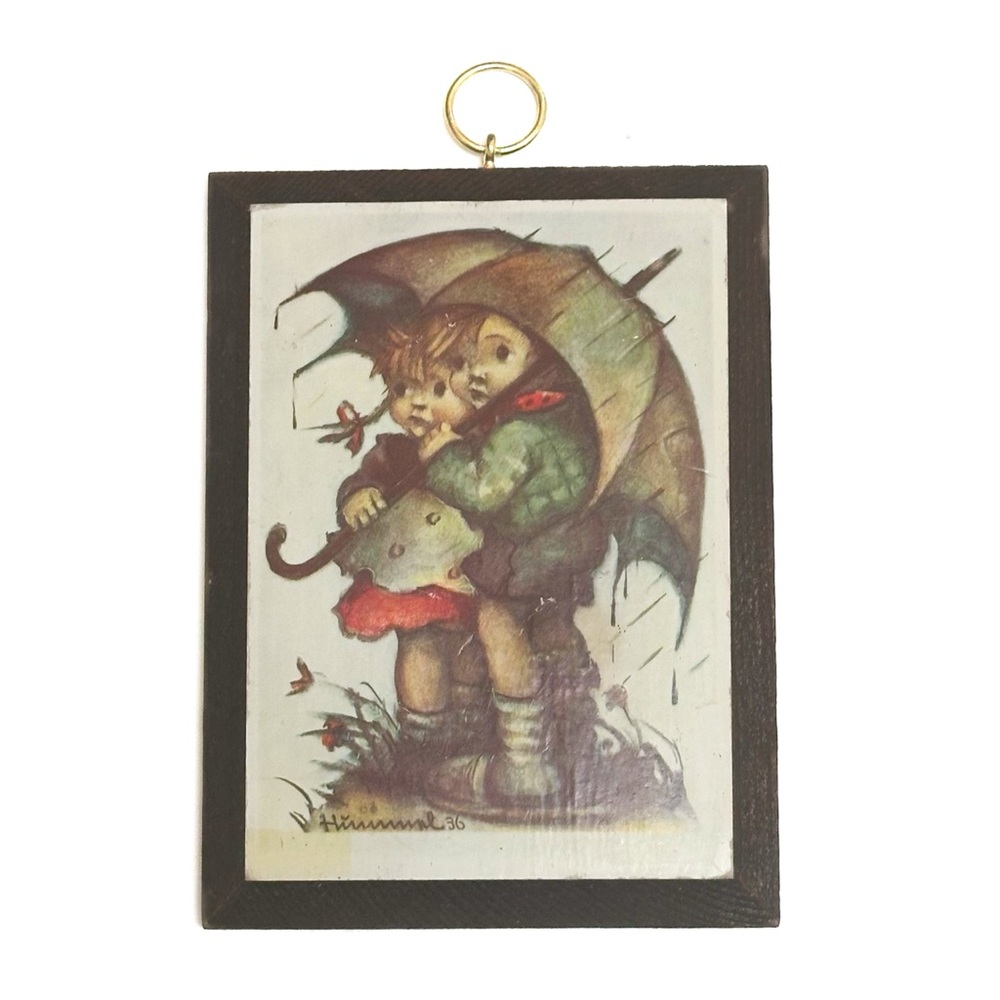 Vintage Hummel #36 Wood Block Art Print “April Showers” Children with Umbrella